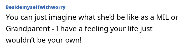 A comment expressing worry about the son's mother tracking his location and her potential as a MIL.