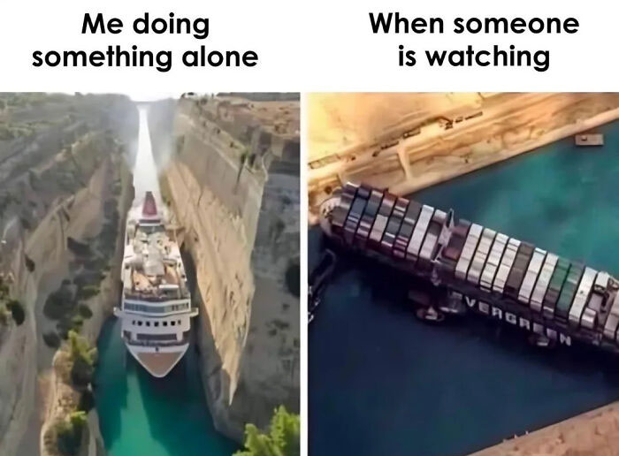 A funny meme comparing doing things alone versus being watched, boosting your health with laughter.