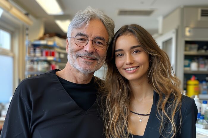 A smiling mature man and younger woman, suggesting a happy age-gap relationship.