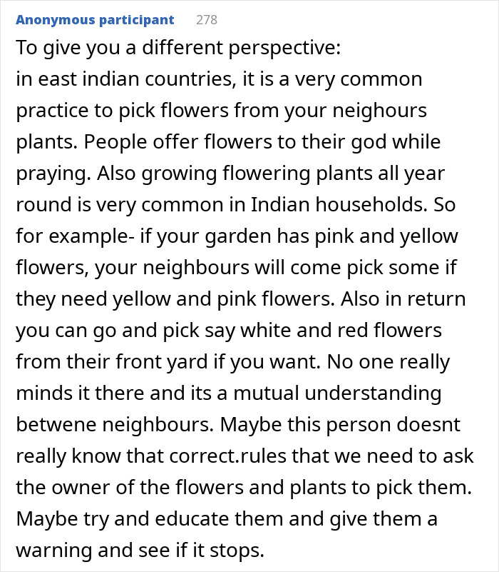 Text explaining a cultural perspective on neighbors picking flowers, offering insight into the entitled neighbor's actions.