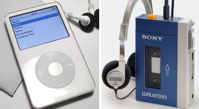 A split image showing an iPod and a Sony Walkman, representing different eras of music taste.