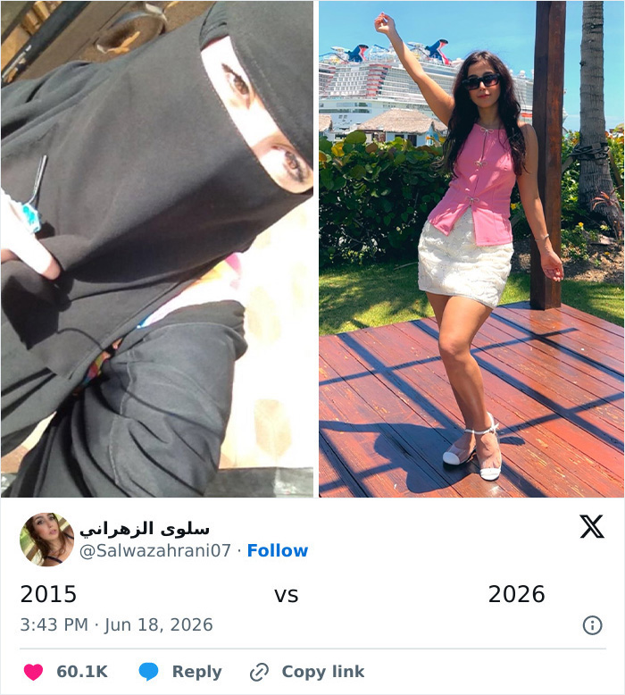 A woman wearing a niqab on the left, next to her in a pink top and white skirt on a cruise, illustrating letting go of the hijab.