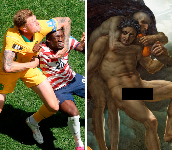 World Cup 2026: Two football players wrestling, mirroring an intense pose from a work of art.