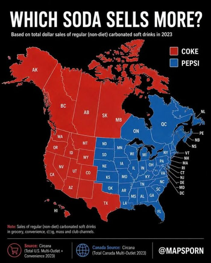A brilliant map showing which soda sells more, Coke or Pepsi, across North America in 2023.
