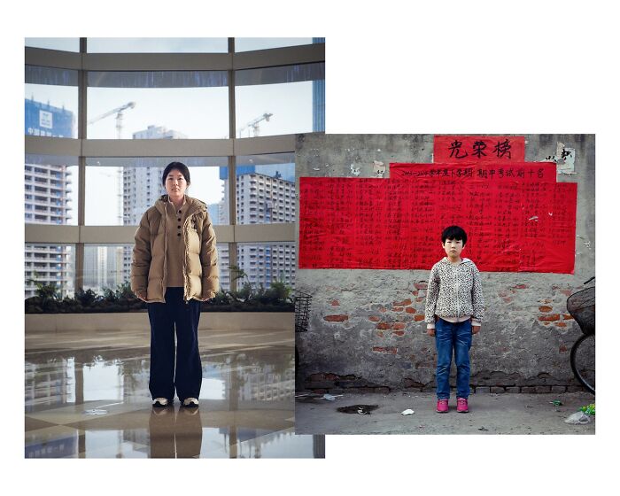 Split color photo showing a person in an office building and a child in front of a red wall, remarkable.
