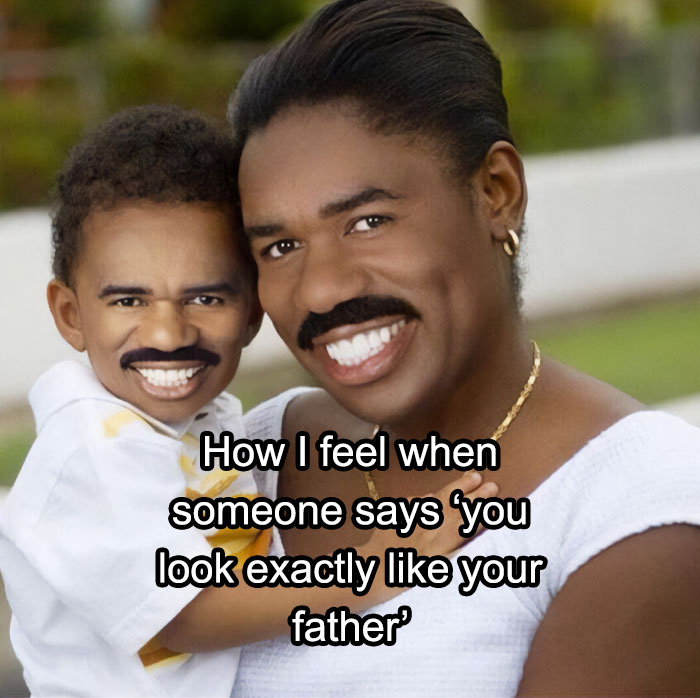 A cringe meme featuring a mini Steve Harvey and a regular Steve Harvey illustrating feeling like your father.