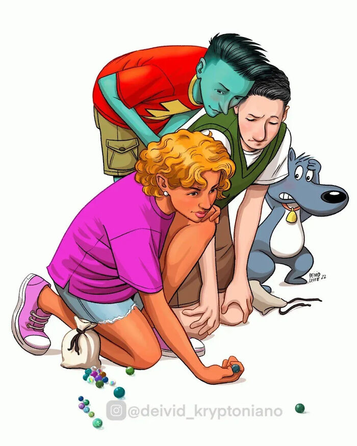 Artist reimagined Doug Funnie and his friends as adults, kneeling to play with marbles, with Porkchop.