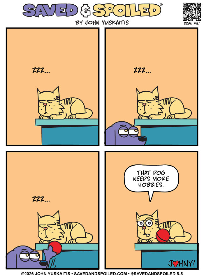 A comic of a dog and a cat figuring out how to coexist. A dog watches a sleeping cat.