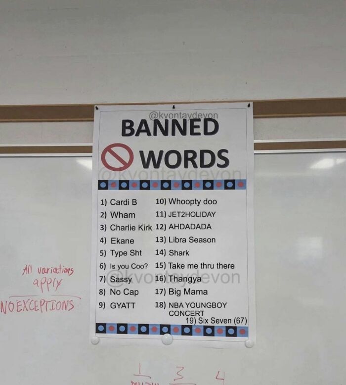 A Banned Words sign in a classroom listing various slang, reflecting America's cultural decline.