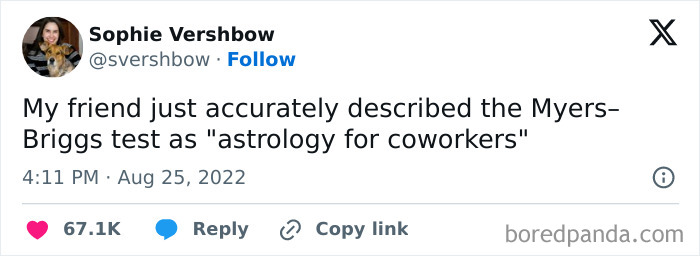 A tweet from Sophie Vershbow describing the Myers-Briggs test as astrology for coworkers, a reality of 9-to-5 life.