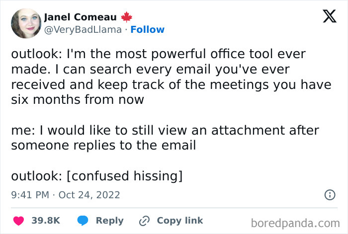 A tweet humorously pointing out Outlook's limitations despite its claims, a painful 9-to-5 life reality.