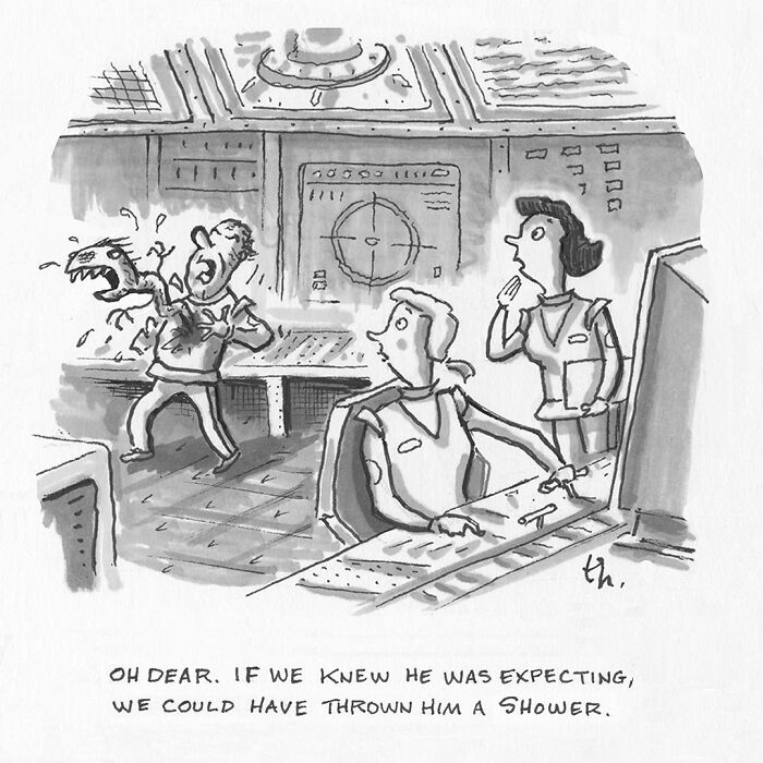 A single-panel cartoon by Tim Haggerty of an alien bursting from a man's chest on a spaceship, shocking two crewmates.