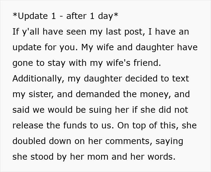 An update describes the daughter demanding college fund money from her aunt and threatening legal action. An update describes the daughter demanding college fund money from her aunt and threatening legal action.