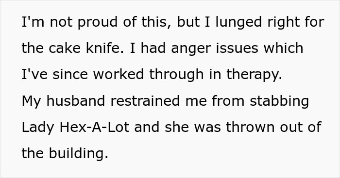 Crazy MIL witching around: Text describing lunging for a cake knife and husband restraining the MIL.