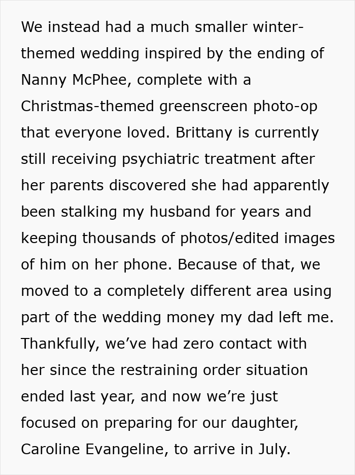 A Reddit post about a smaller wedding and a stalker's psychiatric treatment, highlighting a woman's scary fixation.