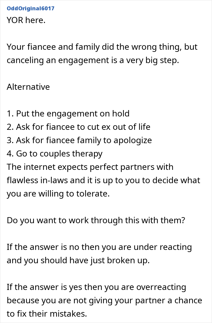 A woman rethinks her engagement after a future father-in-law reveals his son's backup plan, considering alternatives.