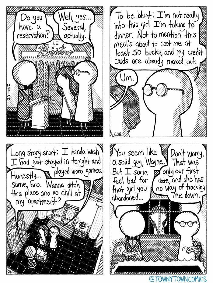 A comic from Towny Town Comics showing two characters discussing their terrible date at a restaurant, looking for another option.