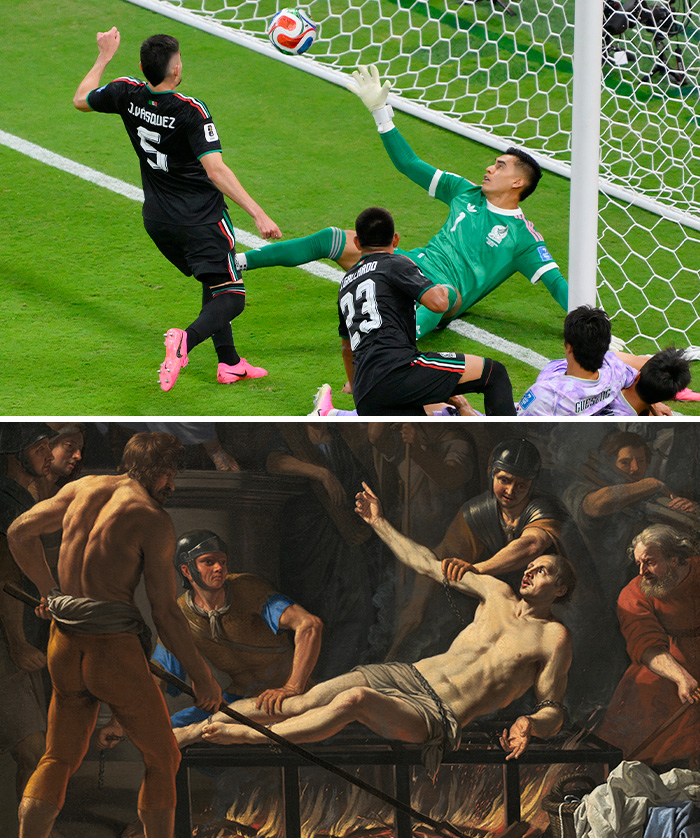 World Cup 2026: A football player kicking a ball into the goal, recreating a classical work of art.