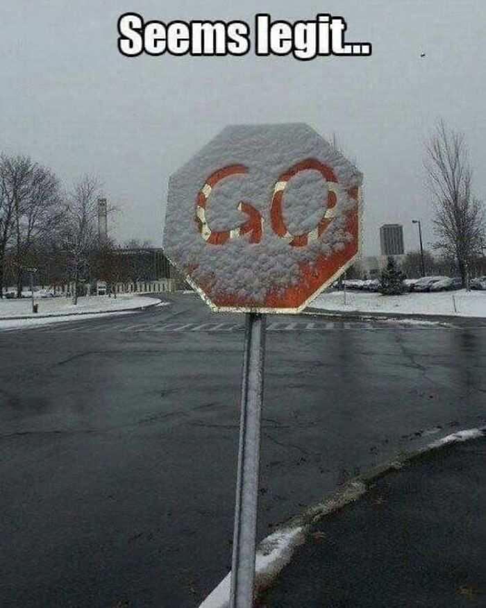A funny meme showing a snow-covered stop sign with the word 'GO' scraped into the snow, creating a comical message.