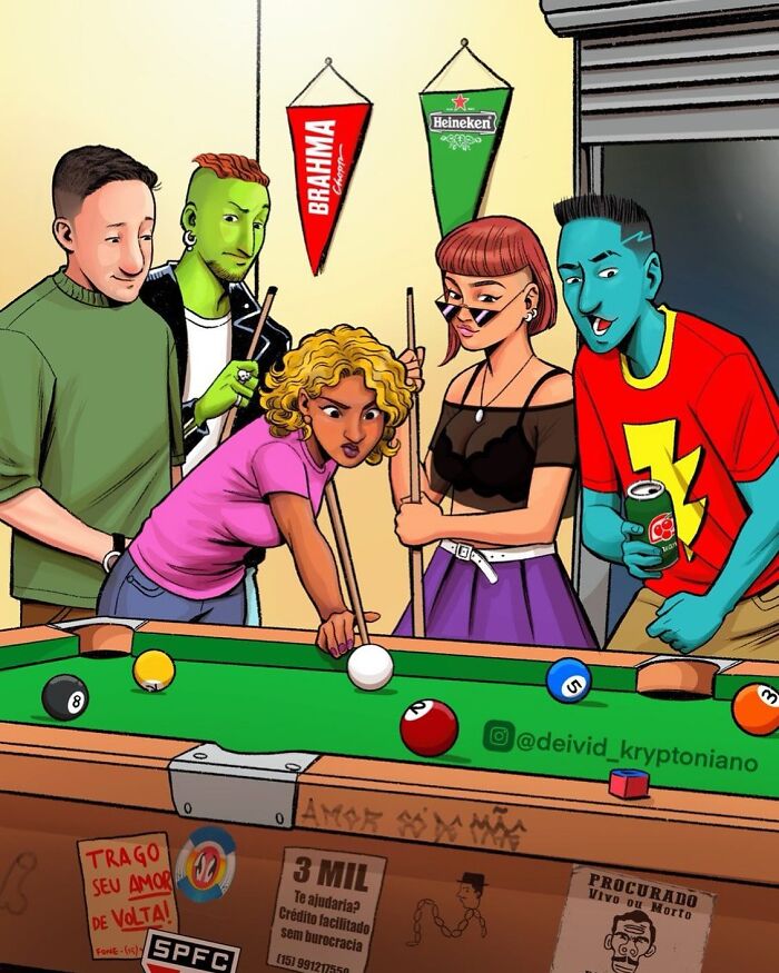 Artist reimagined the cast of Doug Funnie as adults playing pool, with beer banners in the background.