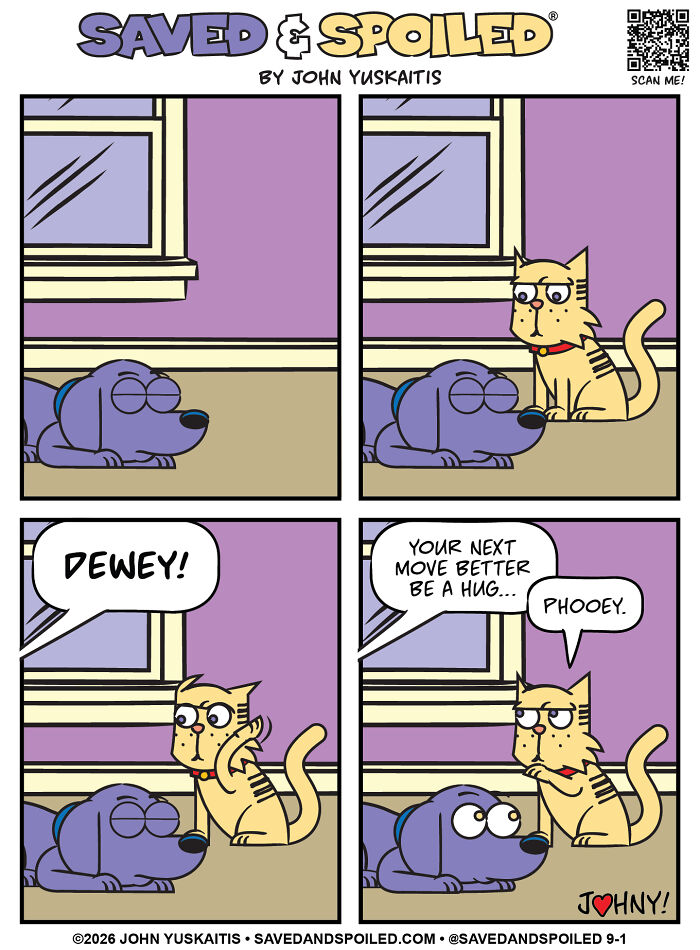 A comic of a dog and a cat figuring out how to coexist. The cat hisses at the dog.