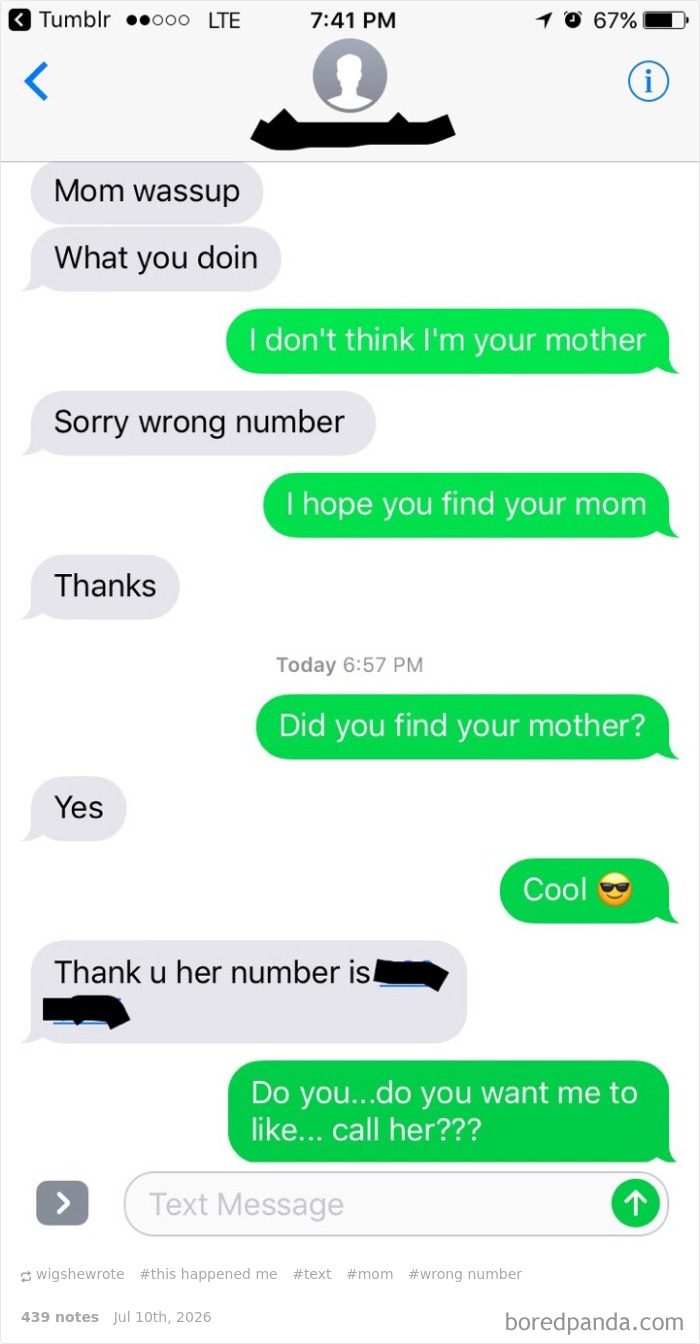 A screenshot of a text message conversation about a wrong number, where someone mistakes a stranger for their mom.