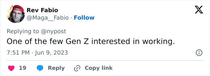 A social media post from Rev Fabio, commenting on Gen Z working and alluding to the nepo baby tag. A social media post from Rev Fabio, commenting on Gen Z working and alluding to the nepo baby tag.