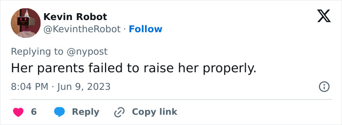 A tweet from Kevin Robot saying Her parents failed to raise her properly in response to the nepo baby tag. A tweet from Kevin Robot saying Her parents failed to raise her properly in response to the nepo baby tag.