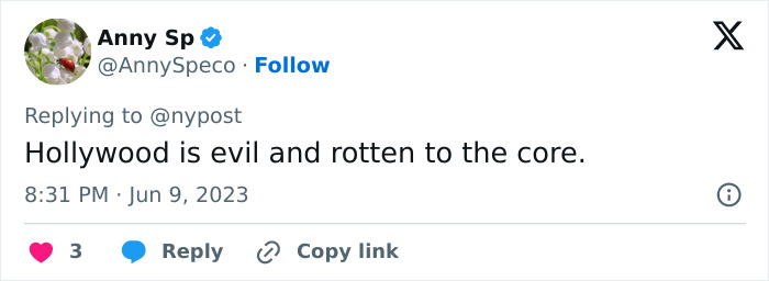 A tweet from Anny Sp saying Hollywood is evil and rotten to the core, possibly regarding the nepo baby tag. A tweet from Anny Sp saying Hollywood is evil and rotten to the core, possibly regarding the nepo baby tag.