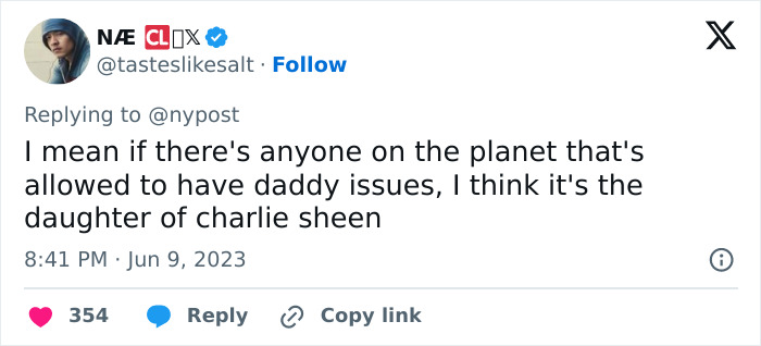 A social media post from an account named tasteslikesalt, mentioning the daughter of Charlie Sheen and nepo baby tag. A social media post from an account named tasteslikesalt, mentioning the daughter of Charlie Sheen and nepo baby tag.