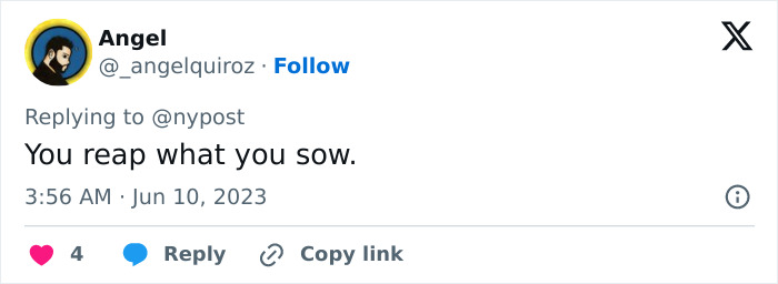 A tweet commenting on a TV actor daughter and nepo baby tag, stating You reap what you sow. A tweet commenting on a TV actor daughter and nepo baby tag, stating You reap what you sow.