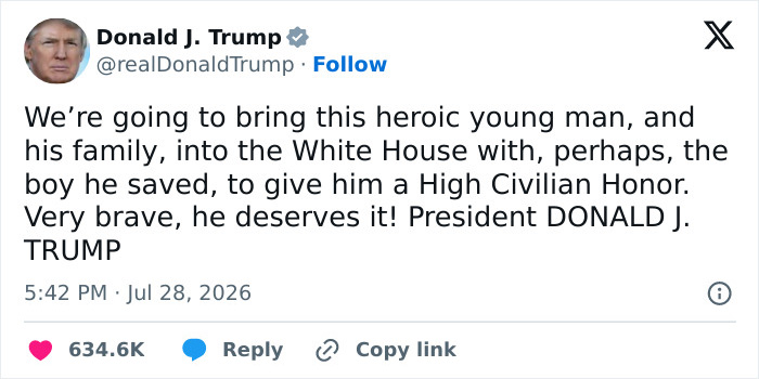 Donald J. Trump tweet recognizing the heroic ocean rescue by a 16-year-old lifeguard. Donald J. Trump tweet recognizing the heroic ocean rescue by a 16-year-old lifeguard.