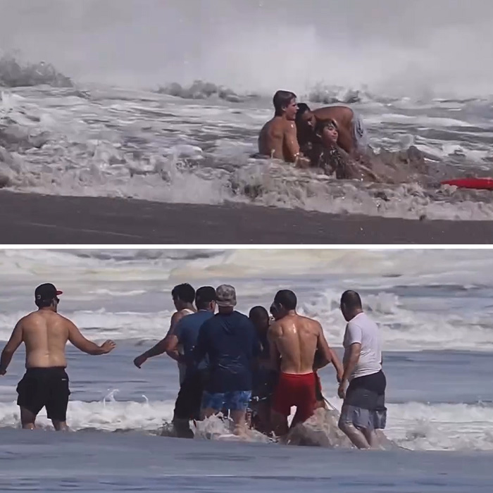 A heroic ocean rescue by a 16-year-old lifeguard, bringing a person to shore with the help of others. A heroic ocean rescue by a 16-year-old lifeguard, bringing a person to shore with the help of others.