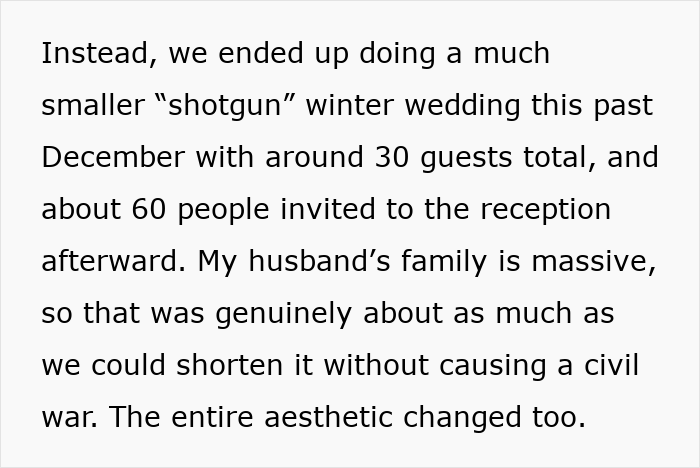 Text explaining a smaller s*****n winter wedding with 30 guests due to a scary fixation over a groom.