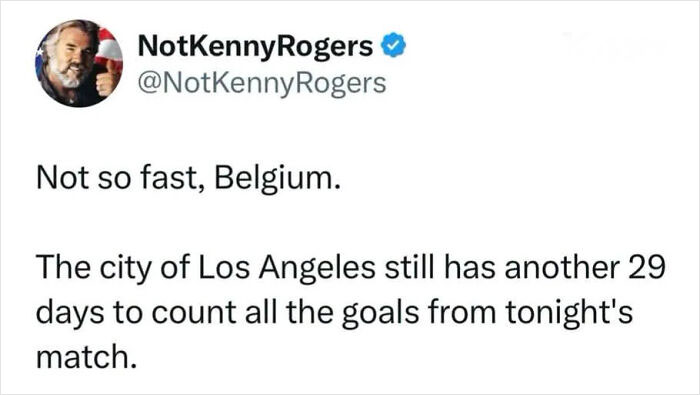 Funny meme of a tweet about Los Angeles needing 29 days to count goals from a match, helping with health.