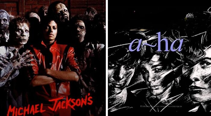 Left image shows Michael Jackson Thriller album cover. Right image shows a-ha album cover, highlighting popular music taste.