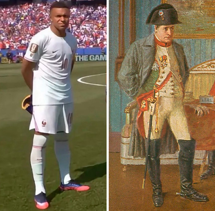 A split image shows a soccer player from the World Cup 2026 standing on a field, recreating a classic portrait of Napoleon.