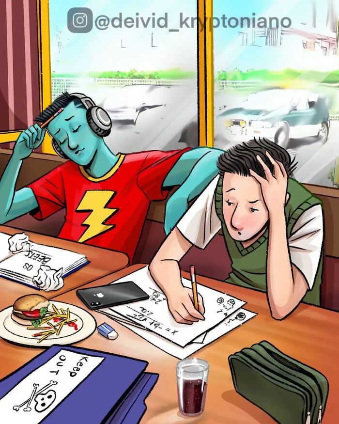 Artist reimagined Skeeter Valentine and Doug Funnie as adults, studying in a diner with a burger and fries.