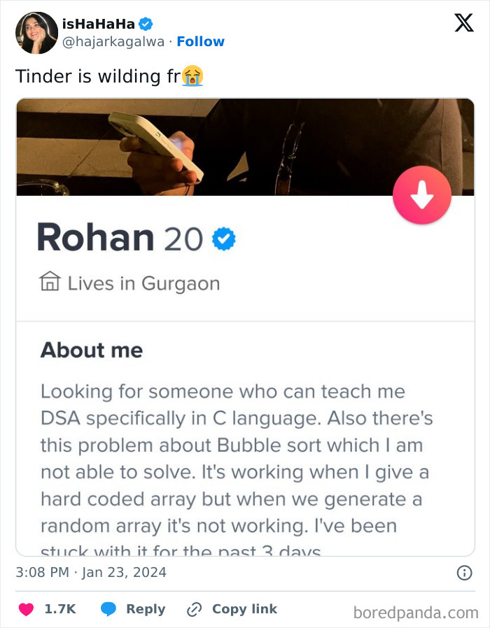 Cringe Tinder profile of Rohan, 20, whose 'About me' section details his struggles with DSA and Bubble sort.