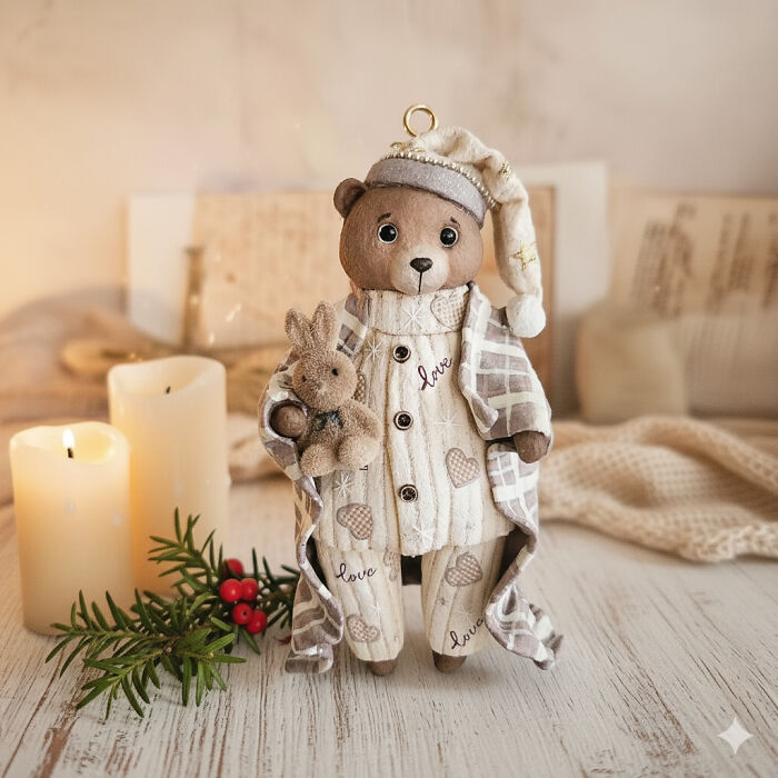 Handmade cotton wool creation of a sleeping teddy bear with a small bunny, festive decor.
