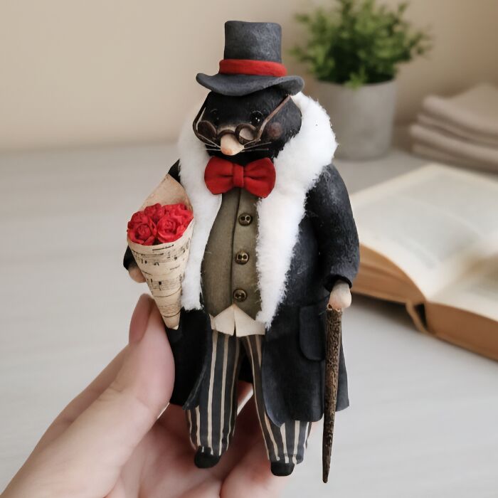 Handmade cotton wool creation of a dapper mole in a top hat, holding a bouquet of red roses.
