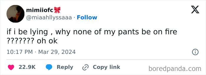 Funny post: A tweet by mimiiofc, if i be lying, why none of my pants be on fire. reality of being an adult.