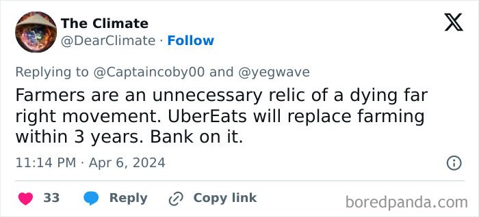 A tweet claiming farmers are an unnecessary relic and UberEats will replace farming, part of cultural decline into idiocy.