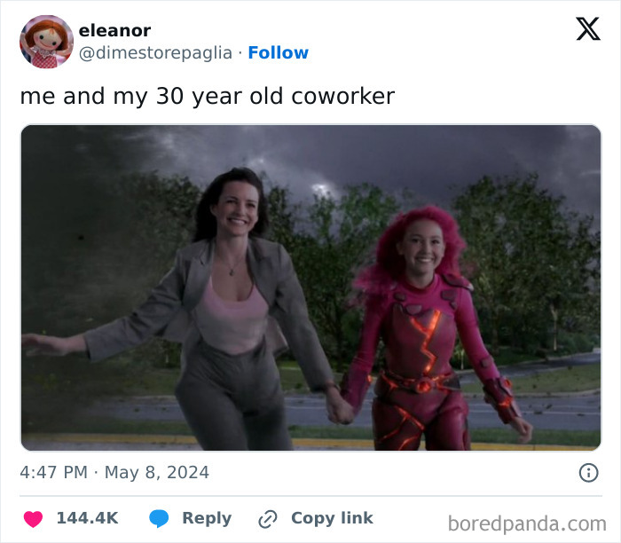 A meme with two women, one dressed in a suit and the other in a pink superhero costume, representing 9-to-5 life.