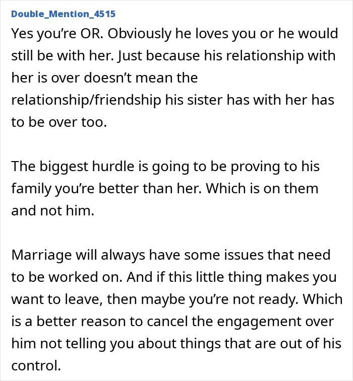 A woman rethinks her engagement after a future father-in-law reveals his son's backup plan, contemplating marriage.