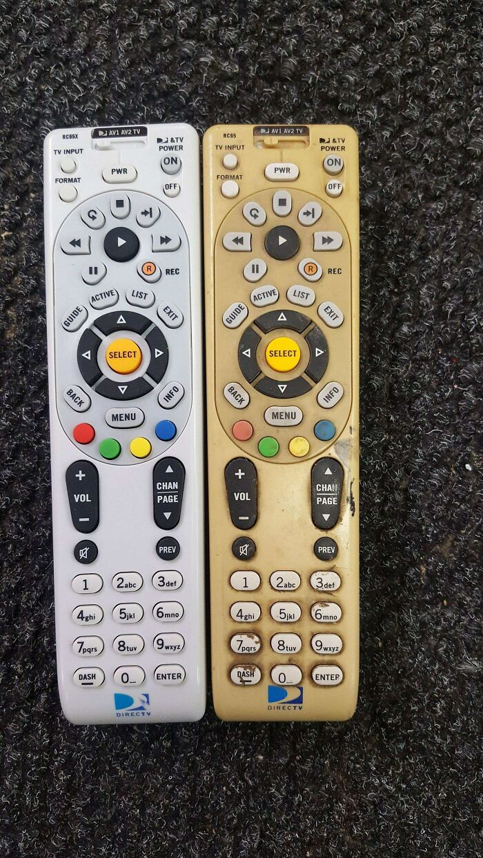 Before and after photos showing an old, yellowed remote next to a new white remote, highlighting how things change.