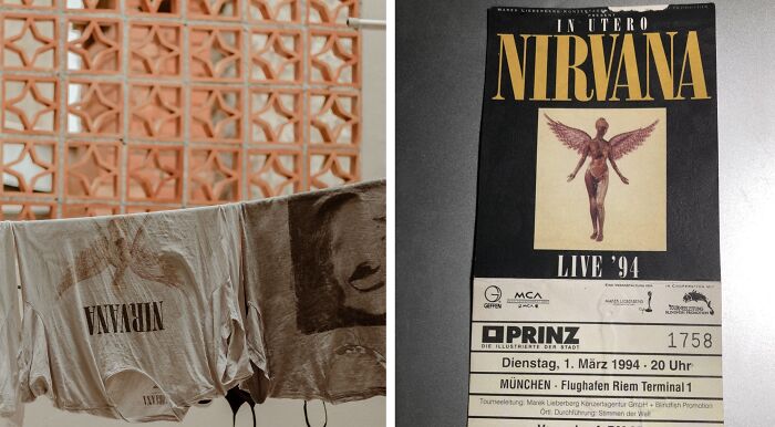 Left image features Nirvana band t-shirts hanging to dry, right image shows a Nirvana In Utero concert poster, related to music taste.