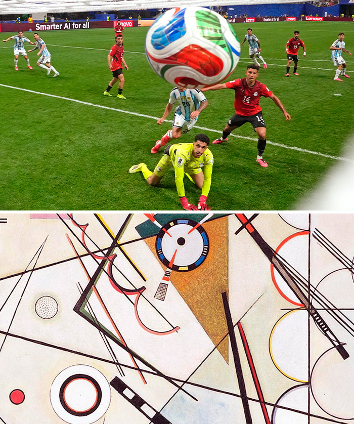 A split image shows a soccer goalie at the World Cup 2026 reaching for a ball in mid-air, recreating a geometric abstract artwork.
