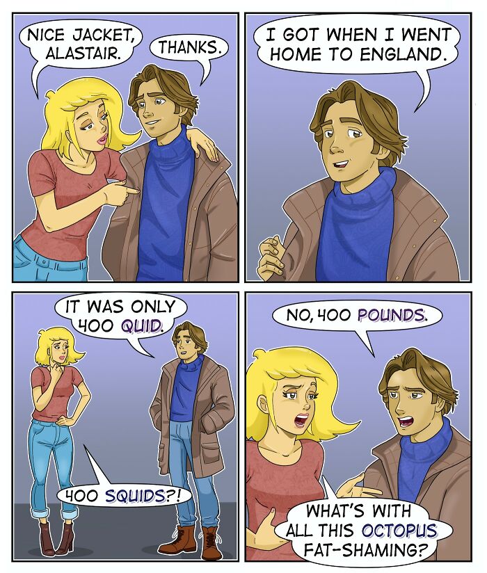 A comic with two people discussing a jacket, one misunderstanding currency, leading to a sarcastic, awkward moment.
