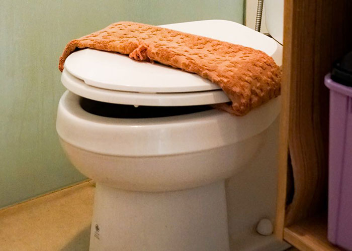 A toilet with a towel on its lid, symbolizing discomfort that makes women leave a man's home immediately.